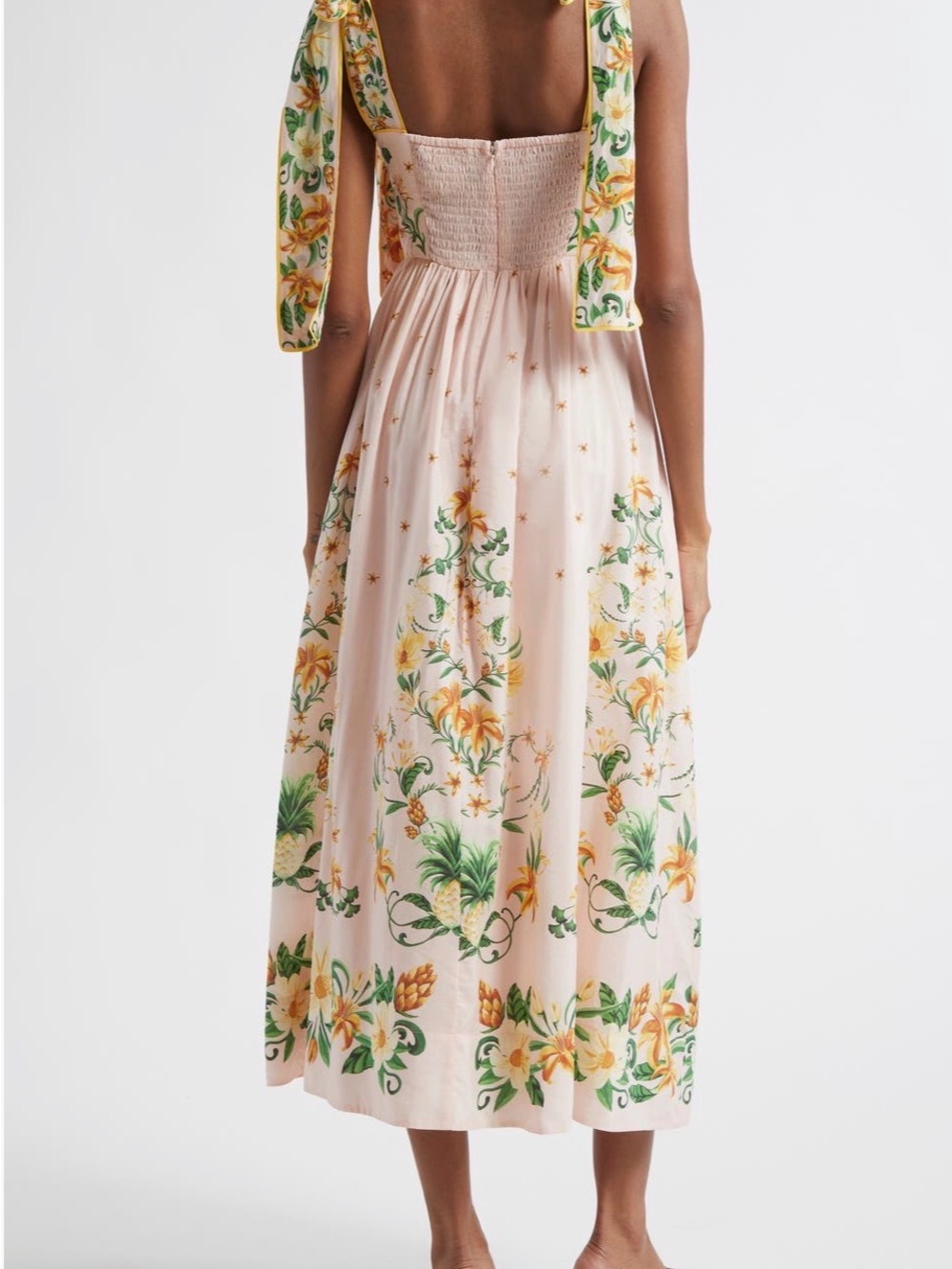 FARM Rio Peach Midi Dress with Green and Yellow Floral Embroidery - Picture 3 of 9